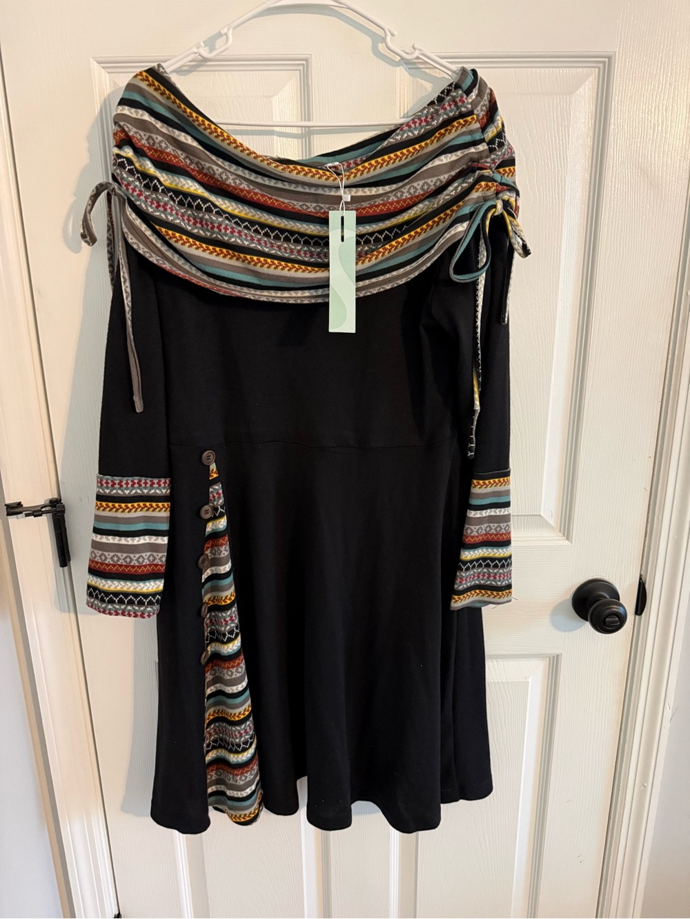 Black Long-Sleeve Dress with Multicolor Tribal Trim and button detail